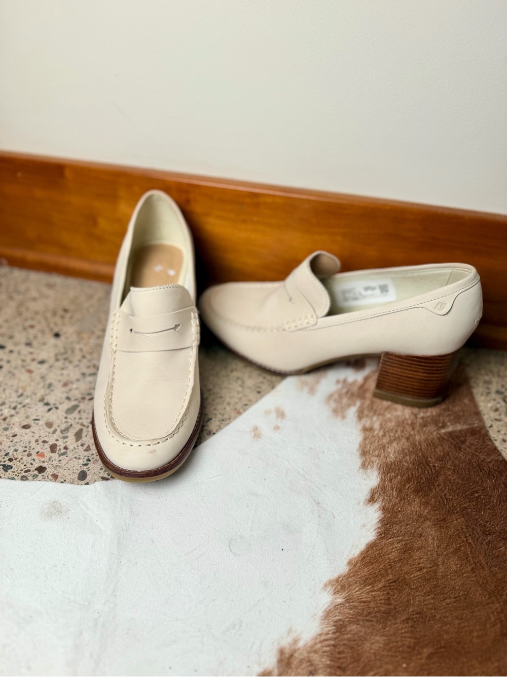 Sperry Seaport Loafer Heels - Cream Leather Block Heel Loafers